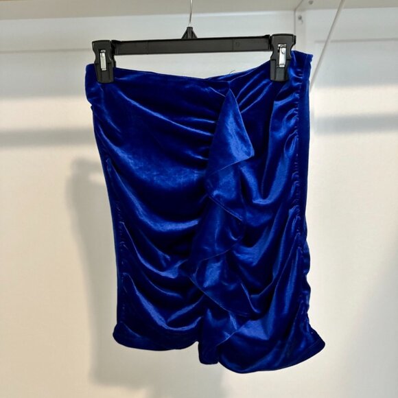 Forever 21 Royal Blue Velvet Ruched Ruffled Slim  Bodycon Skirt - Picture 1 of 3